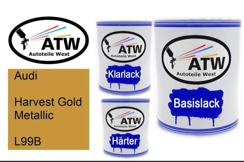 Audi, Harvest Gold Metallic, L99B: 1L Lackdose + 1L Klarlack + 500ml Härter - Set, von ATW Autoteile West.